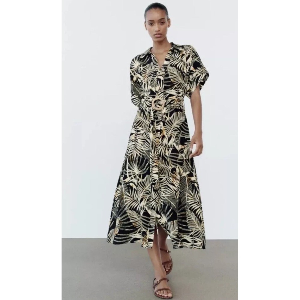 Zara Shirt Dress Womens Small Black Tropical Palm Leaf Belted Midi Button Down